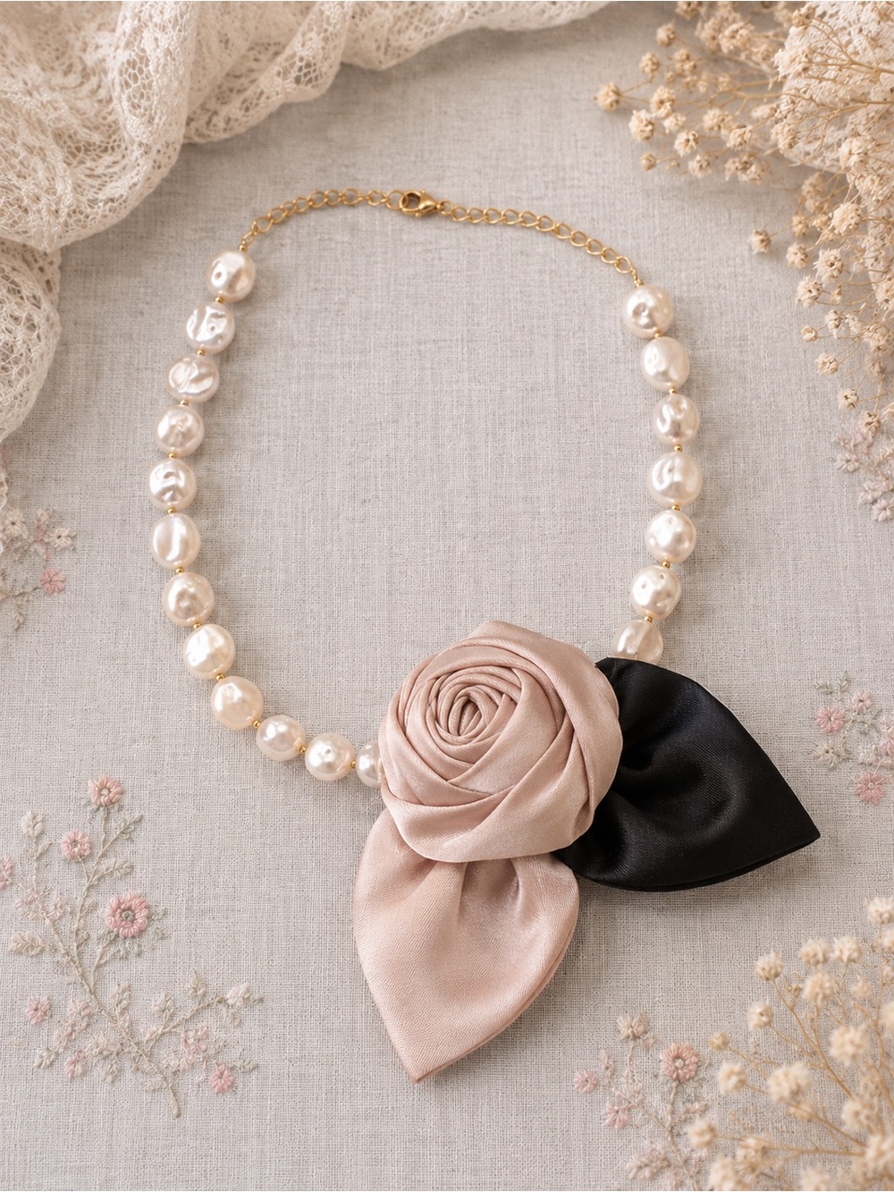 Statement Faux Pearl & Satin Rose Necklace
